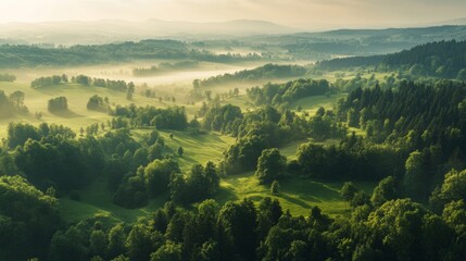 Scenic misty morning over lush green countryside with rolling hills and forests
