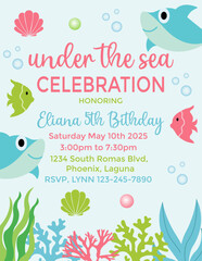 Birthday invitation card vector template. Sea birthday Party theme with fishes, shell and other elements.