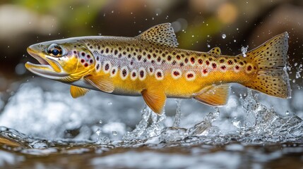 Fototapeta premium Brown trout leaping, river splash, nature