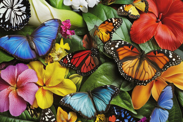 Delicate butterflies with vivid patterns rest on an array of bright flowers amidst lush greenery in a tropical garden during the day