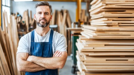 Confident Middle Aged Carpenter in Wood Workshop