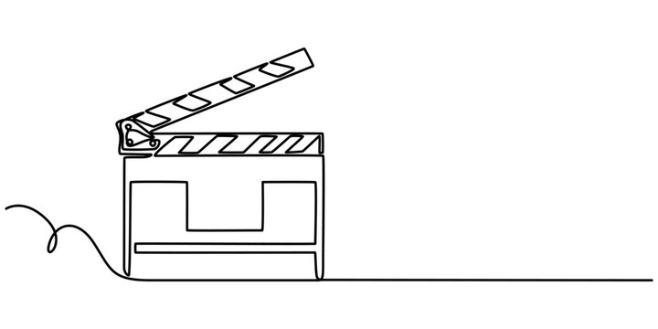 Film clapper in one line drawing. Minimalist entertainment concept, Continuous line drawing of retro old classic movie board clapper and film reel. One single line art vintage film scene taker item. 