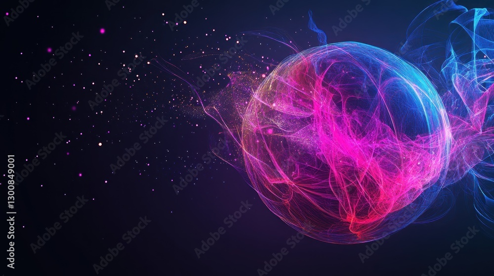 Poster a vibrant, abstract representation of a glowing sphere with colorful wisps and particles.