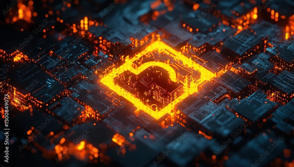Poster glowing orange circuit board with abstract pattern