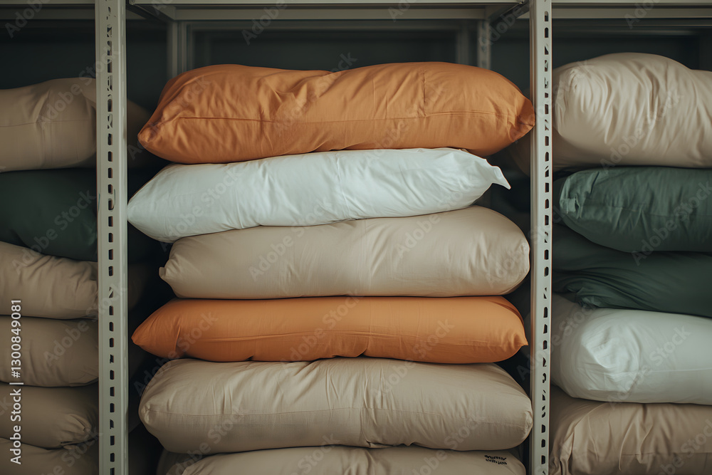 Poster stack of colorful pillows on a shelf, ready for use. comfort and relaxation are the focus, emphasizi