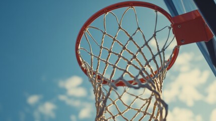 A close-up view of a basketball hoop against a clear blue sky.