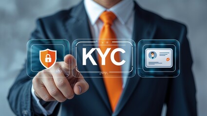 Business man working on virtual touch screen presses abbreviation: KYC. Concept of KYC Know Your Customer. E-KYC Marketing Client Identification Technology. man