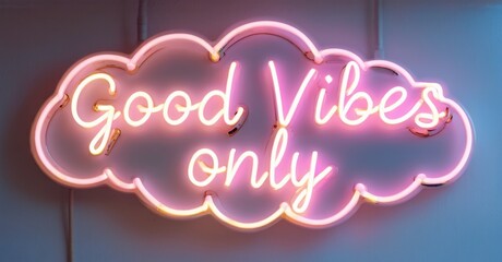 Neon sign good vibes only floating cloud glowing warm pastel hues soft outlines creating relaxed mood bright colorful realistic photo
