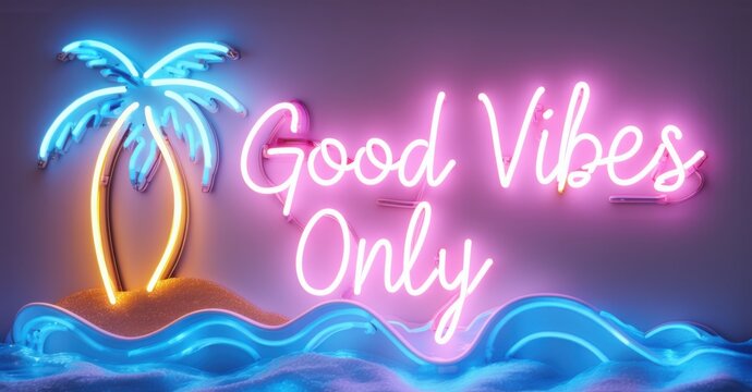 Neon sign good vibes only glowing palm tree tropical sunset hues smooth electric waves background bright colorful realistic photo