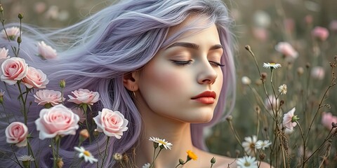Fototapeta premium Serene Woman with Lavender Hair in a Rose Garden