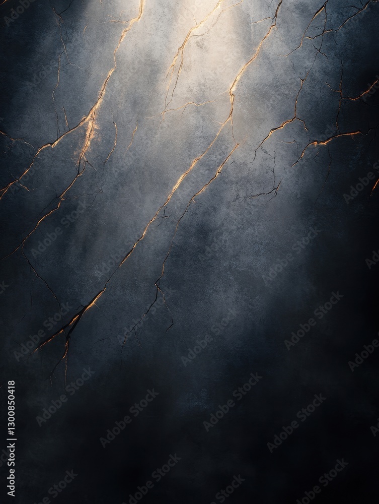 Poster abstract textured surface with crack-like golden streaks radiating down from a light source