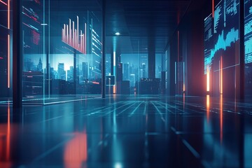 Futuristic high-tech office with holographic data displays overlooking a cyberpunk city skyline, illuminated by neon lights and digital interfaces