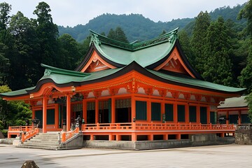 Fototapeta premium Orange Shrine nestled in mountain forest