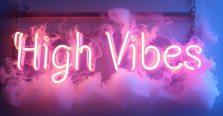 Neon sign high vibes floating smoke trails psychedelic color waves glowing abstract patterns bright colorful realistic photo