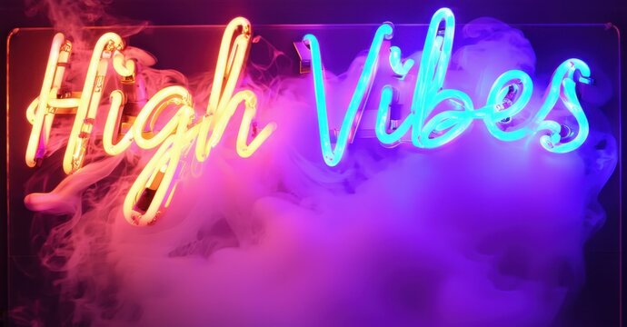 Neon sign high vibes floating smoke trails psychedelic color waves glowing abstract patterns bright colorful realistic photo - Powered by Adobe