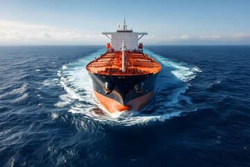 Cargo ship sailing through the vast ocean. Front view shows ship cutting through waves, vibrant colors, symbolizing global trade & logistics. ..........