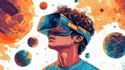 A boy wearing VR glasses explores the universe, virtual reality theme