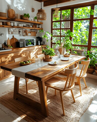 Obraz premium Sunlit kitchen dining area, nature view