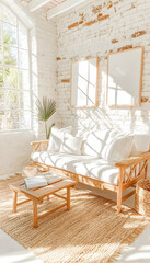 Sunlit living room,  white walls,  rattan sofa