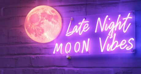 Obraz premium Neon sign late night vibes glowing moon city skyline reflections soft ambient purple blue hues bright colorful realistic photo
