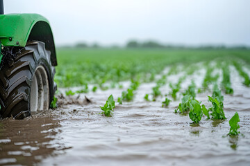 Tractor in flooded field with young plants. Heavy rain impacts crops and farming. Resilience and challenges of agriculture in adverse weather.