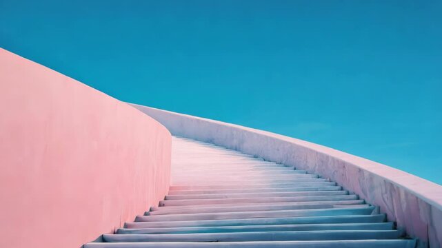 Modern Abstract Architecture Featuring Curved Staircase with Blue Sky Background Perfect for Artistic Design and Contemporary Projects
