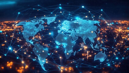 Fototapeta premium Glowing Blue World Map Network at Night