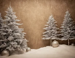 Festive winter scene with snow-covered trees and glittering ornaments on a warm golden backdrop.