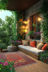 Fototapeta premium Photographie immobilière extérieure d’un petit balcon contemporain avec un espace salon, une décoration bohème moderne chaleureuse, un éclairage doux et des plantes en pot luxuriantes. idées déco