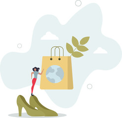 Conscious consumption, slow fashion and responsible shopping concept.woman choosing shoes.flat character life .