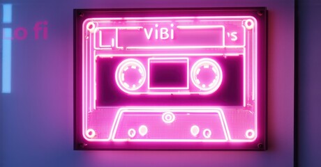 Obraz premium Neon sign lofi vibes vintage cassette tape glowing warm lights chill cozy retro aesthetic bright colorful realistic photo