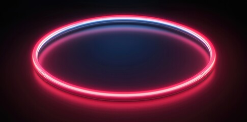 3D rendering of a neon frame on a dark background with copy space. Glowing blue and pink lights, a red rectangular shape, and bright colors.