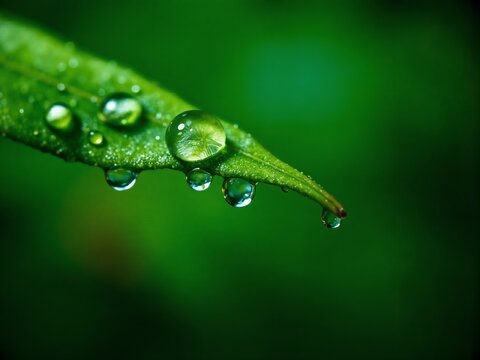Dew Drops Glisten on Fresh Green Leaf Edge