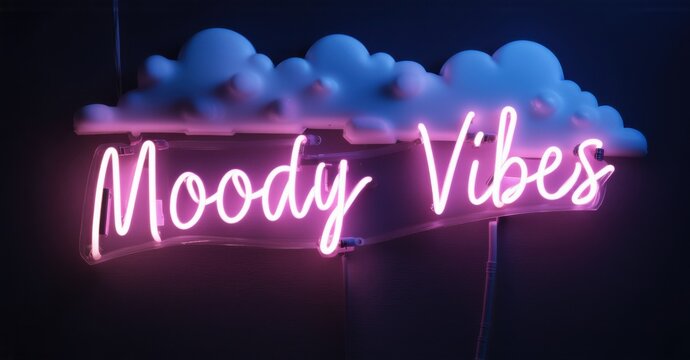Neon sign moody vibes glowing dark clouds soft raindrop light trails calm reflective atmosphere bright colorful realistic photo