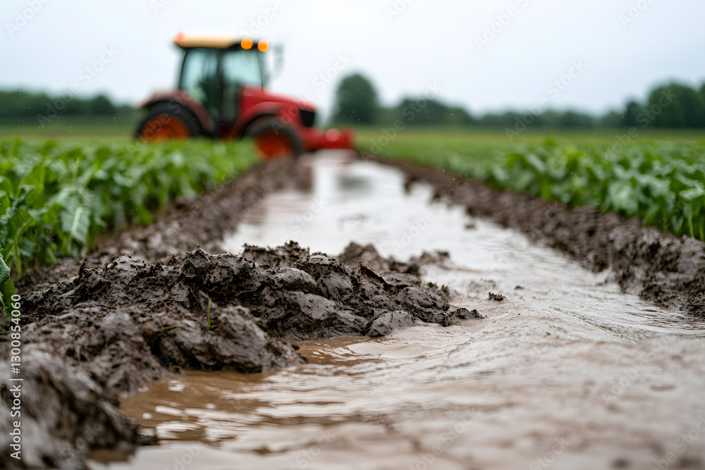 Poster tractor working a muddy field. water sits between the crop rows. agriculture background with soft fo