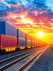 Fototapeta premium Sunset Freight Train, Rail Transport