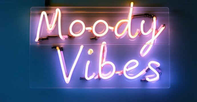 Neon sign moody vibes glowing dark clouds soft raindrop light trails calm reflective atmosphere bright colorful realistic photo