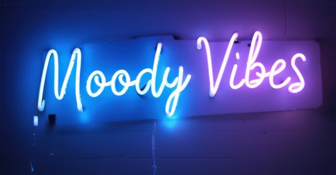 Neon sign moody vibes glowing dark clouds soft raindrop light trails calm reflective atmosphere bright colorful realistic photo