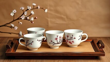 Elegant Teacups on Wooden Tray Blossom Design Spring Theme