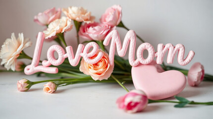 "Love Mom" ​​writing with flowers and heart shape, Mother's day concept, Mom Day, Mama Day