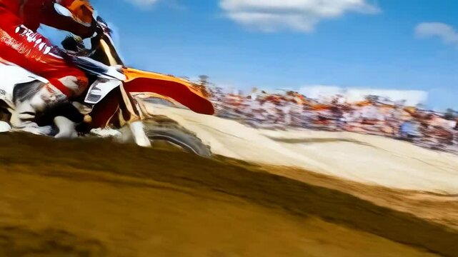 High-speed motocross action unfolds in the heart of the countryside as riders conquer the challenging dirt track under a vibrant blue sky
