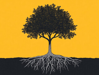 Education student success concept. Stylized tree illustration with roots against a vibrant yellow background.