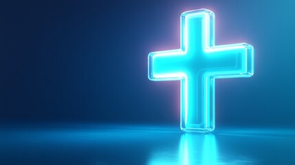 Obraz premium A glowing futuristic medical cross icon in electric blue, positioned on a sleek blue gradient background, illustrating advanced health and safety technology