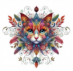 Fototapeta premium A vibrant, artistic depiction of a cat's face surrounded by intricate, colorful floral patterns and leaves on isolated white background