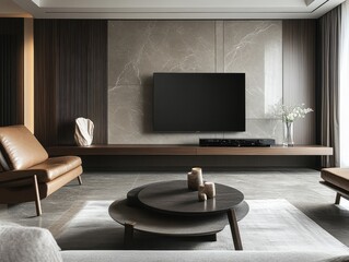 Modern living room displays a television and luxurious furnishings