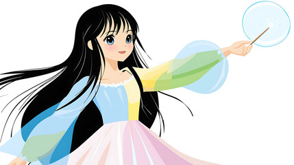 A girl with long black hair is holding a wand and smiling. generated using AI