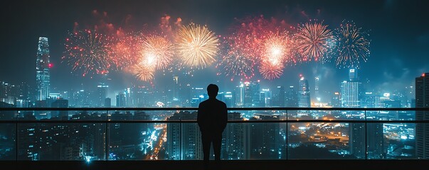 A lone man on a balcony, gazing at an impressive fireworks show illuminating the night sky over a vibrant cityscape, symbolizing quiet contemplation