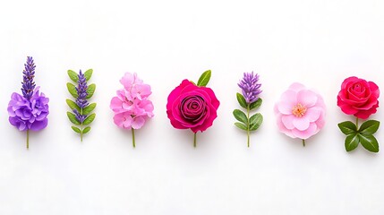 Colorful flowers arrayed on a white background