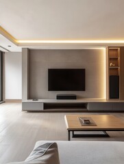 A modern living room showcases a minimalistic television setup