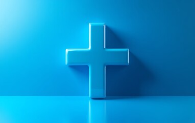 Fototapeta premium A minimalist futuristic medical cross icon in bright blue, with a modern, abstract design, placed against a clean, vivid blue background for a health and safety theme